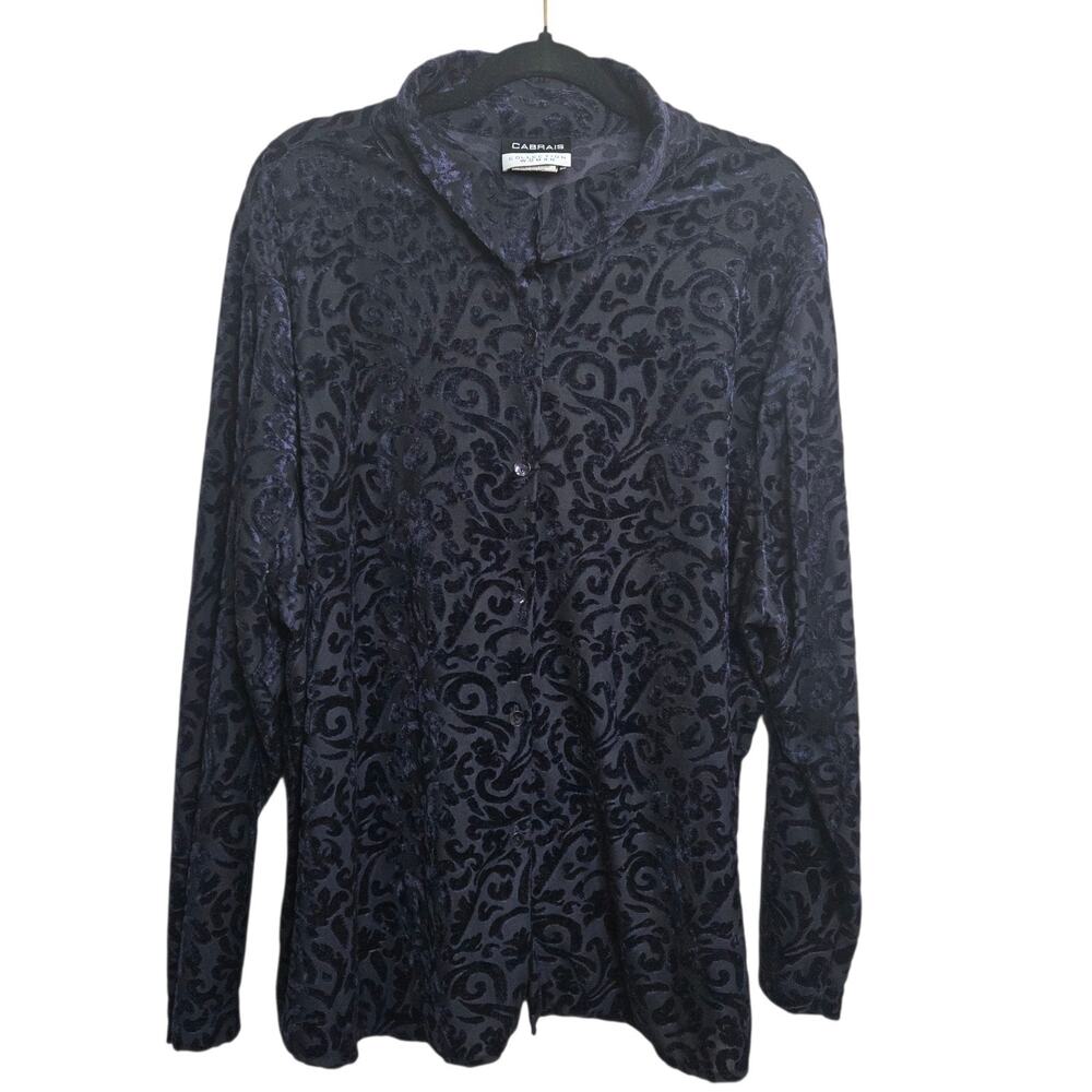 Cabrais Womens‎ Plus Blue Velvet Burn out Sheer Button Up Top SZ 22W Whimsigoth